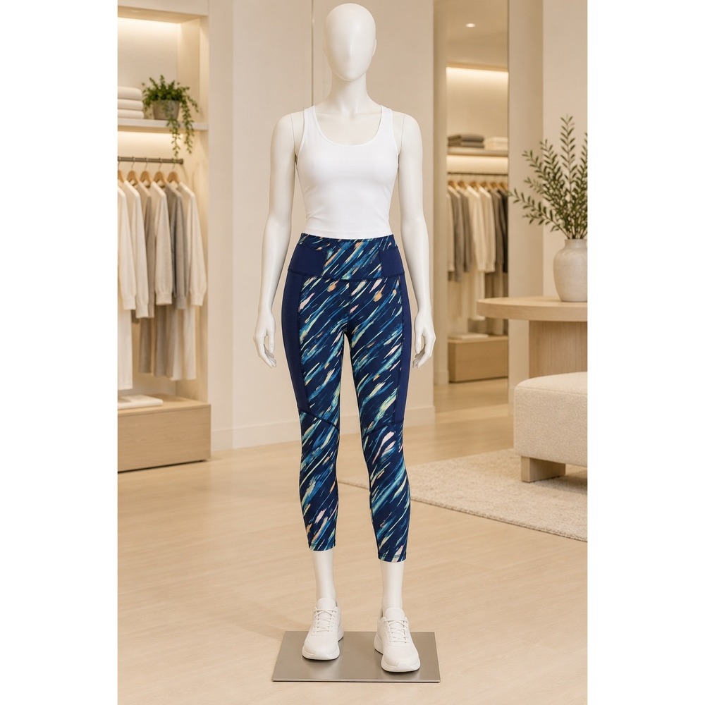 Tek Gear Womens Capri Leggings Abstract Brushstroke Mesh Panels Navy Blue 1X